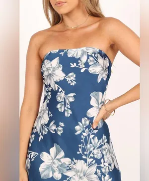 Petal + Pup Gemma Strapless Satin Maxi Dress Blue White Floral Size Large thumbnail 6