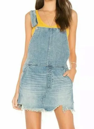 Free People Denim Raw Hem Mini Overall Skirt Size 4 thumbnail 1