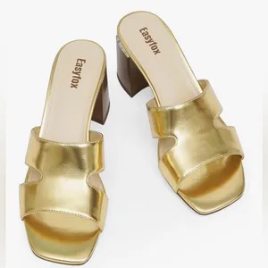 NEW Gold Vegan Leather Open Toe Heeled Mules Chunky Heel Sandals 6 thumbnail 2