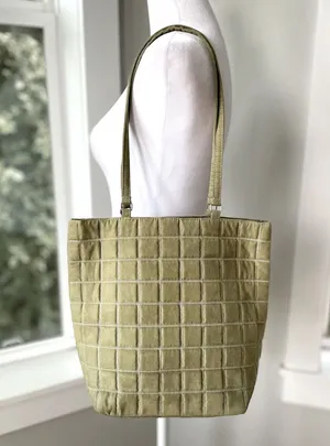 Bath & Body Work Sage Green Quilted Faux Suede Tote Bag Purse thumbnail 1