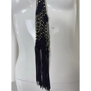 Women’s Black Crocheted Gold Bead Fringe Necklace Scarf Belt 72x2 thumbnail 7