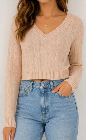Brandy Melville Cable Knit V-Neck Cropped Sweater Blush Pink One Size thumbnail 1