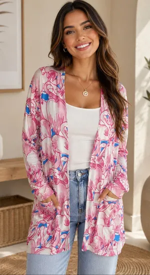 New Lularoe Pink Blue Flamingo Print Open Front Cardigan Medium thumbnail 1