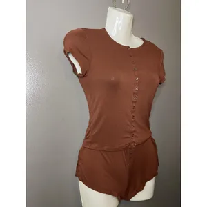 Out From Under Pajama Set Womens XXS Brown Jersey Button Front Top Shorts Lounge thumbnail 3