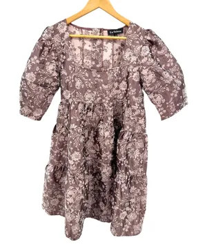 En Saison Jacquard Floral Puff Sleeve Tiered Mini Dress Mauve Pink Brown L‎ thumbnail 1