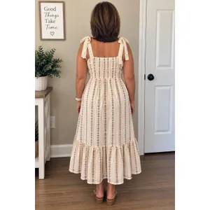 Cream Floral Cotton Maxi Dress Lace Tie Cottagecore Tiered Ruffle M thumbnail 4