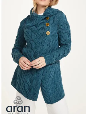 Aran Woollen Mills 3 Button Long Supersoft Merino Wool Cableknit Cardigan Blue thumbnail 5