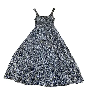Blue Floral Babydoll Midi Dress Milkmaid Smocked Waist Cottage Boho Summer thumbnail 1