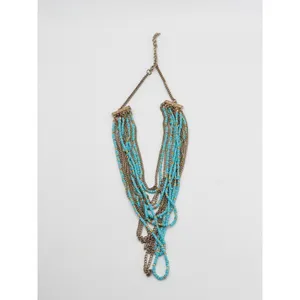 Turquoise Blue Seed Bead Layered Multi Strand Necklace Gold Tone Boho Statement thumbnail 5