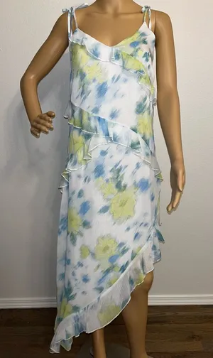 Steve Madden White Floral Ruffle Slip Dress with Blue & Yellow Print thumbnail 1