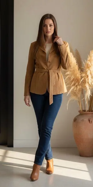 Vintage Wilson’s leather Maxima 100% leather tan button up jacket w/belt sz Lg thumbnail 1