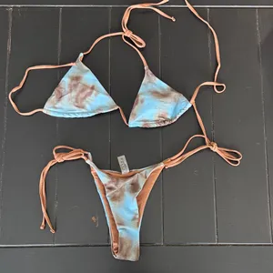 SHEIN Blue and Brown Tie-Dye String Triangle Bikini Set thumbnail 1