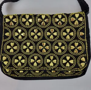 Vintage Retro Womens Bag Black Gold Beaded Studded Corduroy Purse Hong Kong thumbnail 12