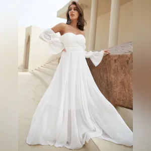 White Off Shoulder Flounce Sleeve Ruched‎ Chiffon Maxi Dress Size Small thumbnail 2