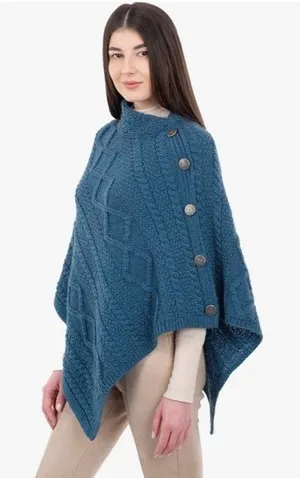 Saol Ireland Poncho Womens Small Medium Merino Wool Cable Knit Sweater Blue New thumbnail 1