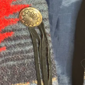 Vintage Rhonda Stark Southwestern Wool Blend and Denim Jacket With Fringe Large thumbnail 4
