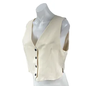 Zara Beige Sleeveless Knit V Neck Button Down Vest Shirt Blouse Crop Top Size L thumbnail 3