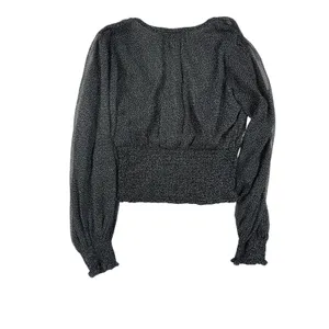 Abercrombie & Fitch Black Polka Dot Smocked‎ Waist Blouse XS Sheer Puff Sleeve thumbnail 4