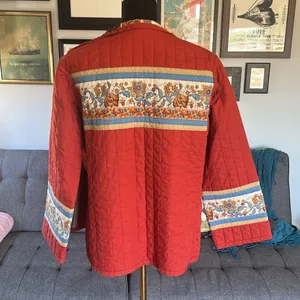 Vintage hand made Red Quilted Jacket with Floral Stripes. Size Large? thumbnail 4