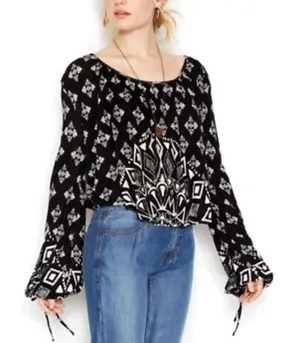 Free People Washed‎ Black Dazed Print Cropped Tie Sleeve Boho Blouse Top Small thumbnail 1