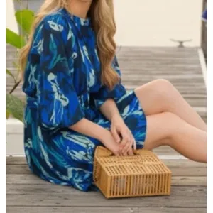 Ciebon XS Blue Pleated Floral Belted Mini Dress Balloon Sleeve Button Front thumbnail 7