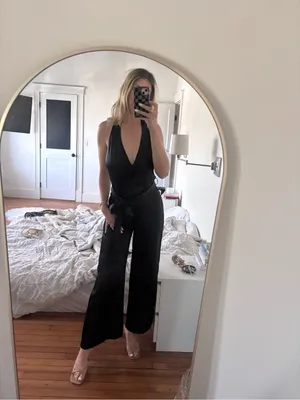 ZARA Jumpsuit Black V Neck Satin Effect Halter Wide Leg S thumbnail 3