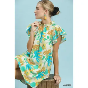 Umgee Ruffled Botanical Print Mini Dress - Jade Mix - Small thumbnail 5