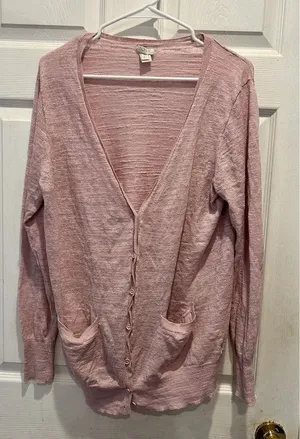 J.Crew‎ Womens Pink Linen Blend V-Neck Button Front Cardigan Sweater L Vacation thumbnail 1