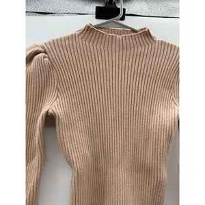 VICI‎ Mock Neck Sweater Small Tan Ribbed Puff Shoulder Long Sleeve Knit Top thumbnail 5