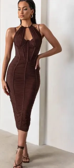 Club L London Dark Brown Espresso Mesh Ruched Strappy Midi Dress Size 2 thumbnail 1