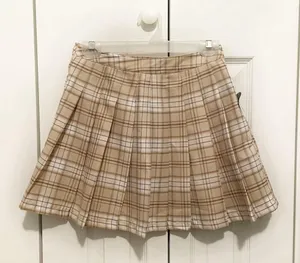 Plaid Pleated Mini Skirt Tan thumbnail 3