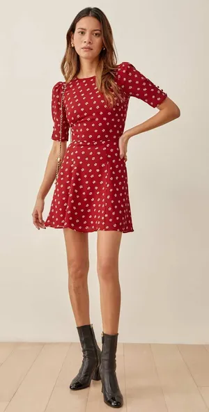 Reformation Bard Dress Mini Red White Floral Size 2 thumbnail 1