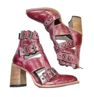 NEW Freebird by Steven Malena Joplin in Red Leather Ankle Buckle Heel Boot 10 thumbnail 1