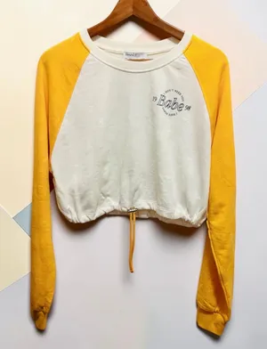 Bershka Yellow White Raglan Long Sleeve Crop Sweatshirt Drawstring Hem thumbnail 1
