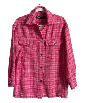 ZARA Pink Plaid Tweed Shacket Oversized Shirt Jacket Boucle Coquette XS NEW thumbnail 1