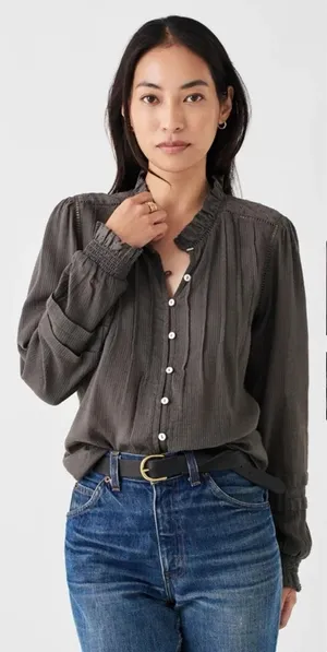Faherty Button Shirt Top Willa Ruffle Gray Blouse Organic Cotton Size XL NWT NEW thumbnail 1