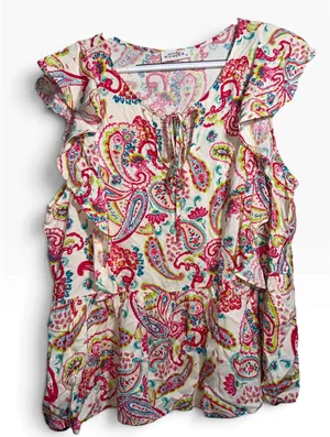 Emily Wonder Pink Teal Paisley Ruffle Peplum Blouse 1X PT10455-8 thumbnail 1