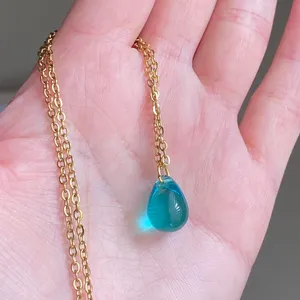 Handmade aqua teardrop Czech glass simple minimalist gold chain necklace💙 thumbnail 4
