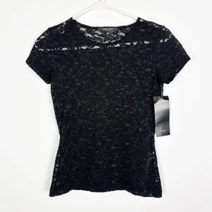 Karen Kane Lace Tee Size XS Black Short Sleeve Crew Neck Whimsigoth Sheer thumbnail 1