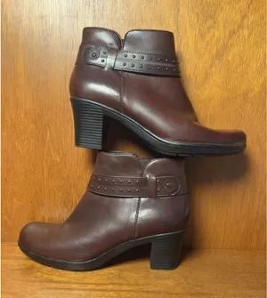 Clarks Dark Brown Leather Ankle Boots Studded Strap Side Zip Size 9 thumbnail 1