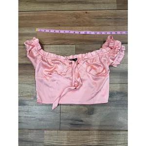 Nasty Gal Blush Pink Satin Off-Shoulder Tie-Front Crop Top thumbnail 2