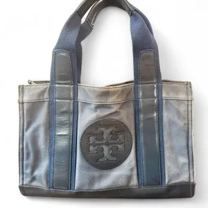 Tory Burch Distressed Navy Canvas Leather Tote Satchel Bag Vintage Look thumbnail 1