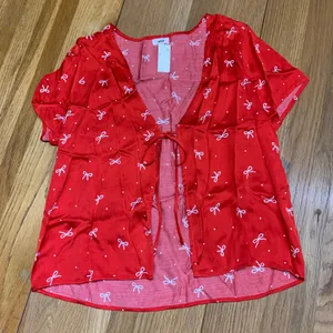 Aerie Red Bow Polka Dot Tie Front Satin Short Sleeve Top Women's Size Medium NWT thumbnail 1