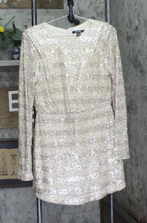 BCBG Womens Sequin Detail Striped Boat Neck Dress BD5E5180 Champaign Brown 10 thumbnail 1