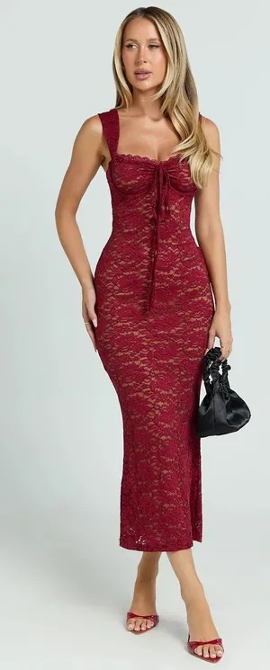Showpo Collette Wine Red Lace Midi Dress thumbnail 1