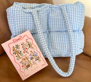 Gingham blue puffy tote thumbnail 1
