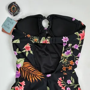 Shade & Shore‎ Womens Floral One Piece Swimsuit Black Multi Keyhole Ruched S 4-6 thumbnail 11