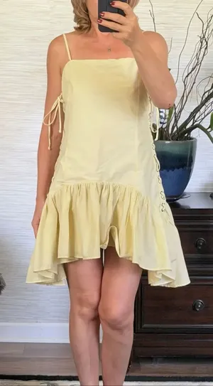 Zara S Yellow Cotton Peplum Mini Dress Lace Up Sides Adjustable Straps thumbnail 1