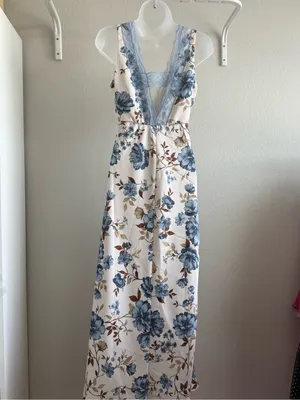 Sincerely Jules Floral Lace Trim Maxi Dress Cream Blue Satin Slip Small thumbnail 3