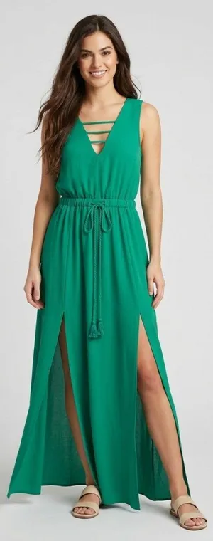 JACK by BB Dakota Emerald Green Maxi Dress M Strappy Slit front thumbnail 1